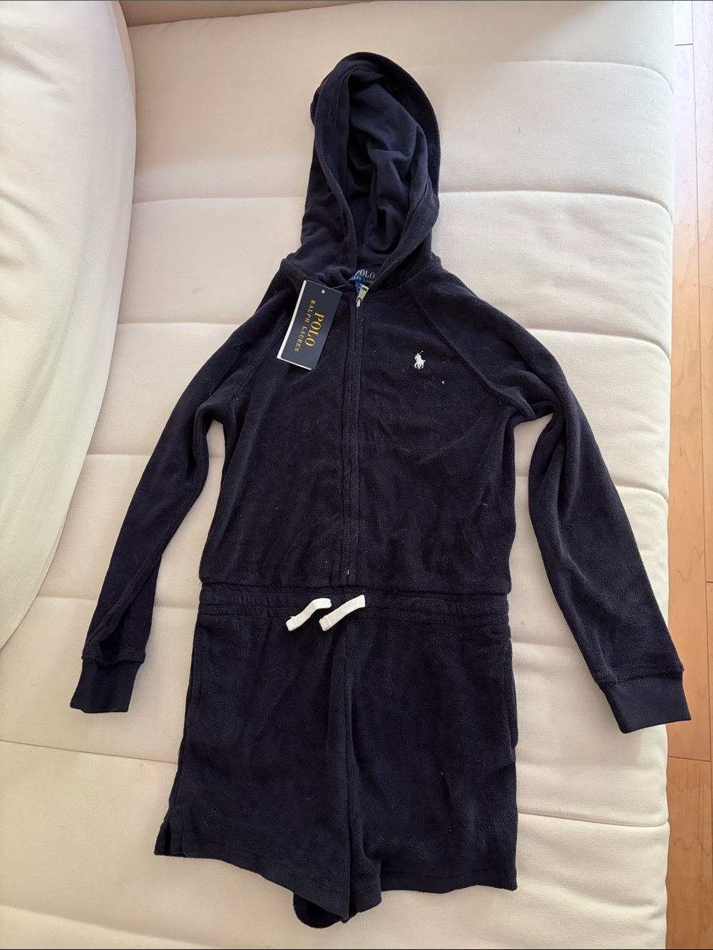 Ralph Lauren Navy Hooded Zip Terry Romper with White Drawstring